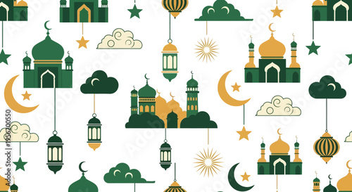 Ramadan Kareem Decorative Pattern Featuring Mosques, Crescent Moons, Lanterns, and Stars