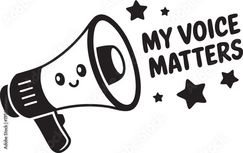 Megaphone with a smiling face and stars emitting the phrase My voice matters in bold lettering