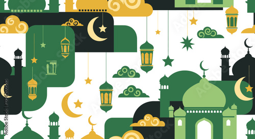 Islamic cultural motifs featuring mosques, crescent moons, and lanterns in a festive green and gold pattern