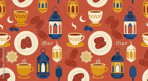 Seamless Islamic pattern featuring Ramadan Iftar symbols like lanterns, dates, and cups of coffee on a warm, rustic background