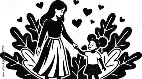 Line art mother and daughter holding hands with hearts and leafy background in black and white