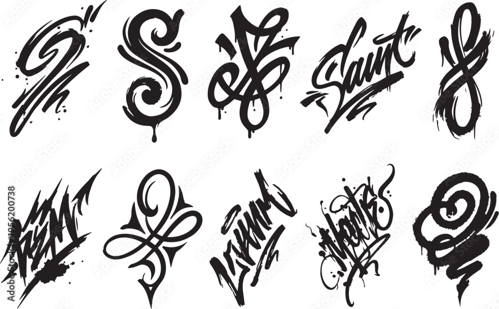 Fototapeta premium Brush set. Vector black paint brush spots, highlighter lines or felt-tip pen marker. Ink smudge abstract shape stains and smear set with texture. Hand drawn vector illustration