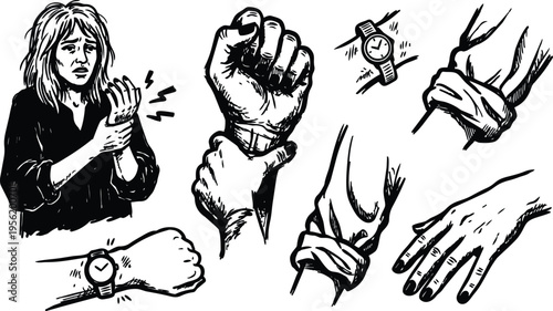 Black and white line art woman holding wrist in pain with bandage and watch