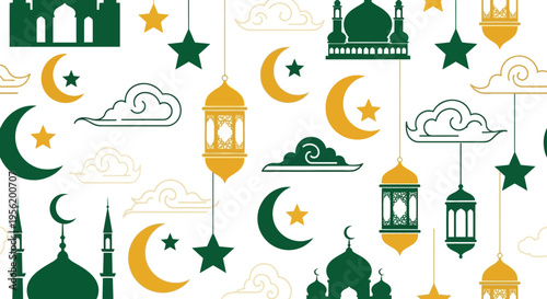 Ramadan Eid Mubarak Islamic Pattern with Mosques, Crescent Moons, Lanterns, and Stars for Festive Occasions