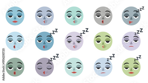 Illustrative set of diverse sleepy faces in pastel tones, depicting drowsiness, yawning, and snoring with 'ZzZz' symbols.