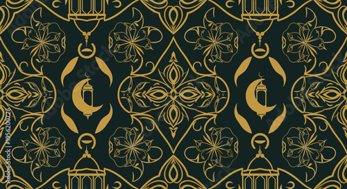 Luxurious seamless pattern featuring golden crescent moons and lanterns, intricately designed with ornate Islamic calligraphy-inspired motifs for festive and elegant backgrounds and textiles