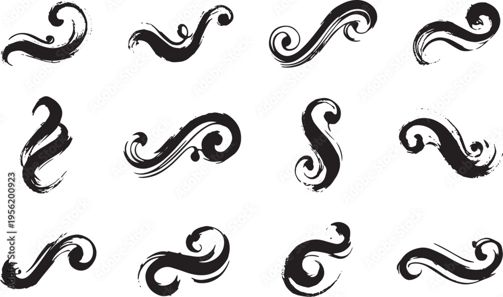 Fototapeta premium Brush set. Vector black paint brush spots, highlighter lines or felt-tip pen marker. Ink smudge abstract shape stains and smear set with texture. Hand drawn vector illustration