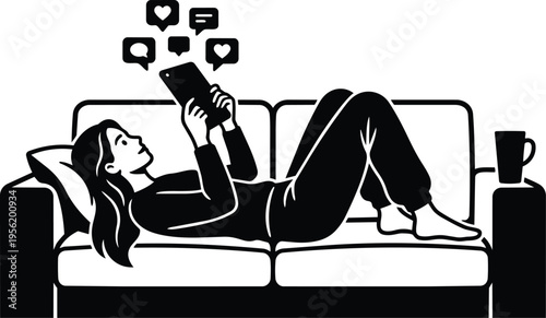 Black and white line art woman lying on couch using tablet with chat bubbles and coffee