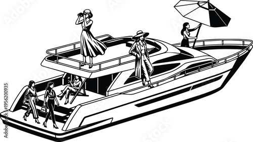 Line art black and white yacht with women sunhat umbrella binoculars on deck