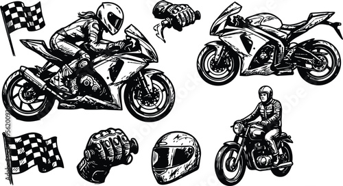 Line art sportbike and vintage cruiser with helmet gloves and checkered flag racing stickers