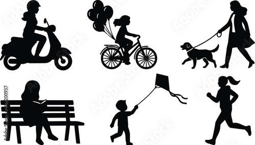 Black and white vector silhouettes scooter rider cyclist with balloons dog walker bench reader jogger