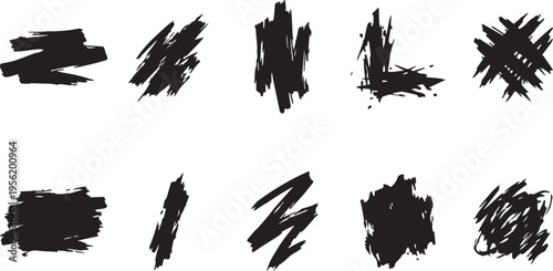 Brush set. Vector black paint brush spots, highlighter lines or felt-tip pen marker. Ink smudge abstract shape stains and smear set with texture. Hand drawn vector illustration