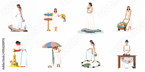 Collection of flat vector illustrations depicting women in elegant white dresses participating in diverse beach-themed activities like shell blowing, sandcastle building, and flower picking.