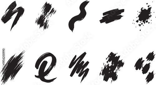 Brush set. Vector black paint brush spots, highlighter lines or felt-tip pen marker. Ink smudge abstract shape stains and smear set with texture. Hand drawn vector illustration