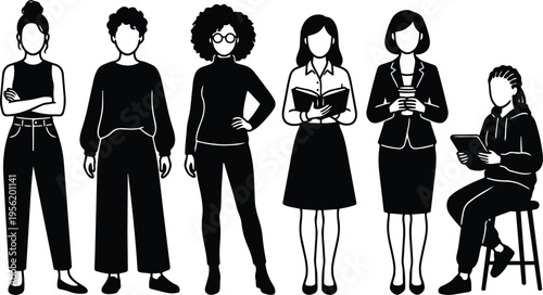 Six faceless women silhouettes with book coffee and tablet varied hairstyles one seated on stool