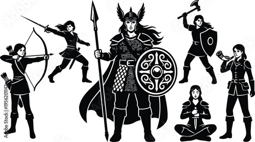 Silhouette viking shieldmaiden with winged helmet spear and ornate round shield standing center