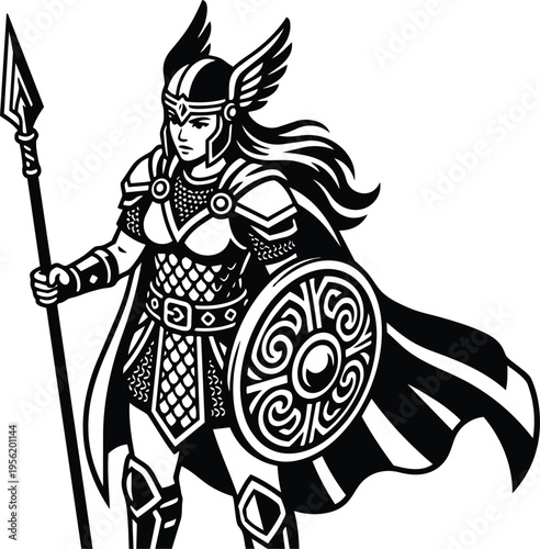 Line art valkyrie warrior with winged helmet holding spear and ornate round shield