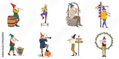 Collection of whimsical medieval minstrels and pipers playing flutes in various festive settings, flat vector illustration style isolated on white background.