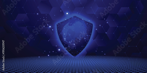 Global Cyber Security Shield Background – Futuristic Blue Digital Network, Data Protection and Technology Privacy Concept