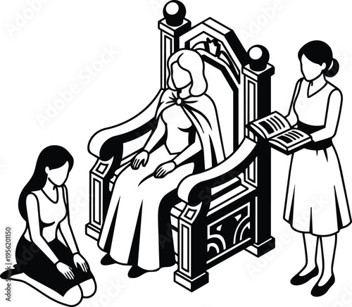 Line art queen wearing cape seated on ornate throne with kneeling attendant and reader