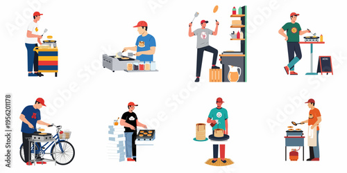 Collection of flat vector illustrations depicting various street food vendors preparing, flipping, and serving pancakes in different outdoor settings.