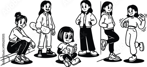 Black and white line art six teenage girls in casual poses reading skateboard leaning holding coffee