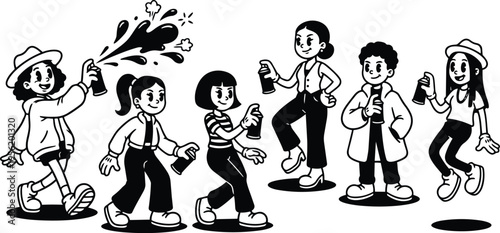Line art spray paint kids walking with cans and splashes in playful monochrome