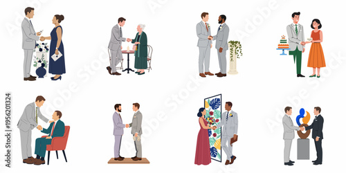 Flat illustration set of diverse people in formal attire shaking hands and interacting at a wedding ceremony, reception, or formal social event.