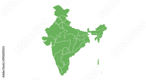 Green india map outline with internal state borders clean white background