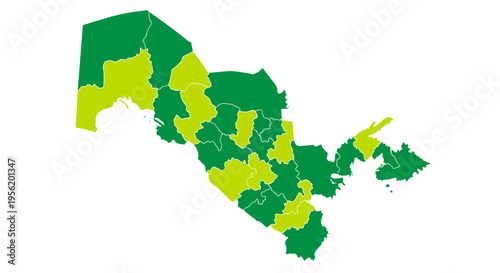 Geographic map of uzbekistan regions showing green and yellow areas on white