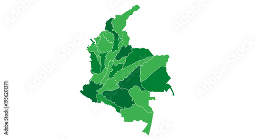 Green colombian map silhouette with internal department borders highlighted
