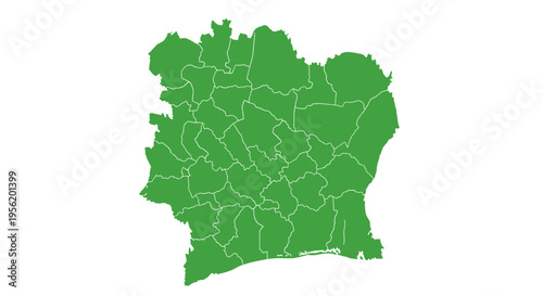 Green map outline of ivory coast divided into regions isolated on white background