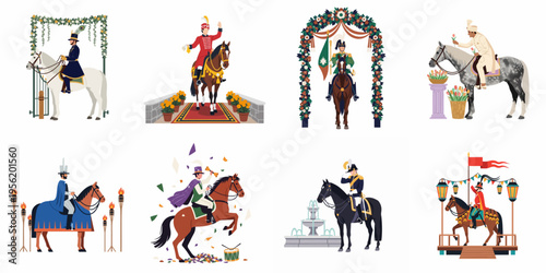 Set of flat vector illustrations depicting men in various ceremonial, traditional, and historical costumes riding horses in different festive and formal settings.