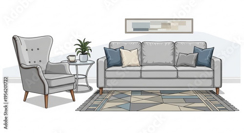 Modern living room with gray sofa armchair and coffee table on geometric rug