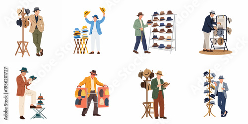 Collection of Flat Vector Illustrations Featuring Men Selling and Shopping for Various Types of Hats in Retail Settings