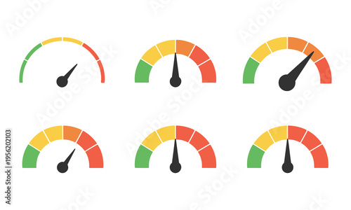 satisfaction meter scale set, customer rating gauge icons with rating levels, feedback evaluation and survey concept, clean minimal flat design, modern ui ux elements for applications and websites.