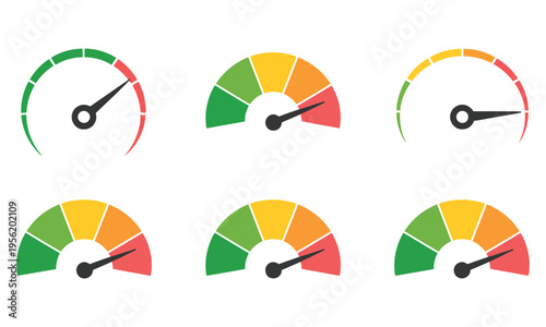 satisfaction meter scale set, customer rating gauge icons with rating levels, feedback evaluation and survey concept, clean minimal flat design, modern ui ux elements for applications and websites.
