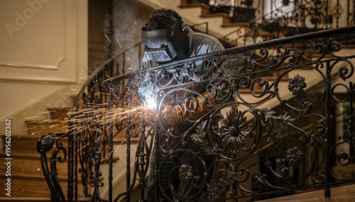 Skilled craftsman welding ornate wrought iron railings for a residential staircase highlighting intricate decorative designs and personalized craftsmanship.