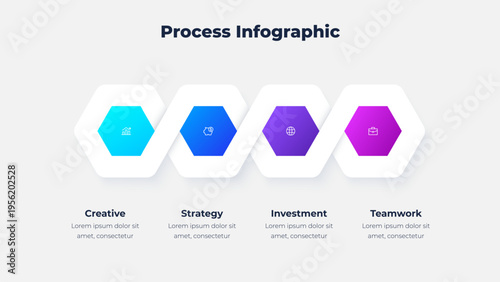 4 step hexagon process infographic diagram with four connected polygon segments arranged in horizontal layout