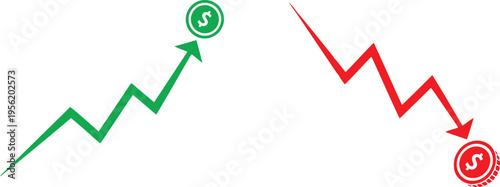 A conceptual illustration showing financial growth and decline with dollar coin arrow markers Vector