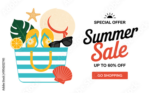 Summer sale advertisement with beach bag and tropical items on white background