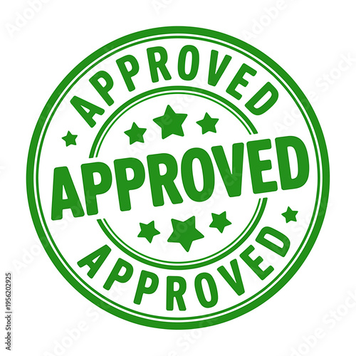 Green approved rubber stamp logo with stars on white background