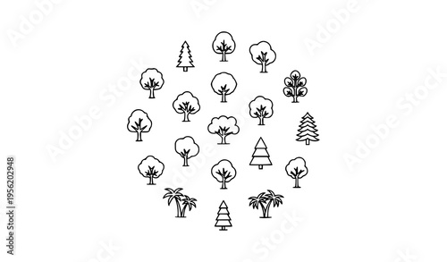 A collection of various tree silhouettes in a circular pattern