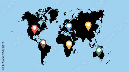 World map with colorful location pins on continents  global navigation and travel concept
