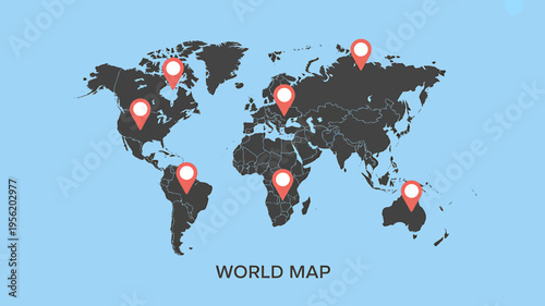 World map with red location pins on continents  global navigation and travel concept