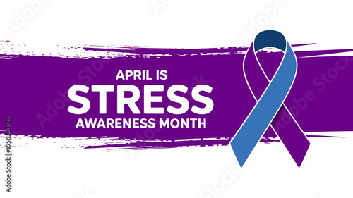 Stress awareness month purple banner with blue ribbon on white background