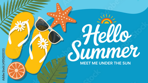 Hello Summer beach vacation concept with flip flops sunglasses and starfish on blue background