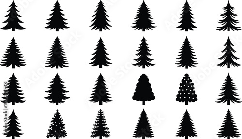 Black Pine Tree Silhouettes Collection Featuring Diverse Conifer Shapes Isolated Evergreen Fir Spruces and Forest Cedar Icons for Winter Nature Graphics and Christmas