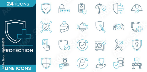 Protection icon set. Security shield, data safety, password lock, cyber protection, privacy control, safe system, insurance concept, user security access and more. Line vector icons collection.