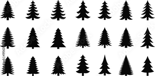 Black pine tree silhouette icon set with spruce fir and cedar evergreens isolated on white background for Christmas winter forest nature and park landscape